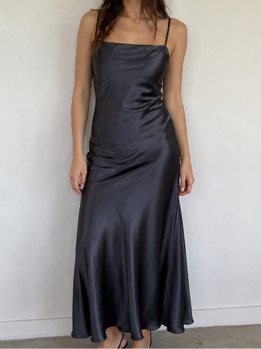 Y2K Black Satin Slip Dress Beaded Square Neck Goth Prom Maxi Dress